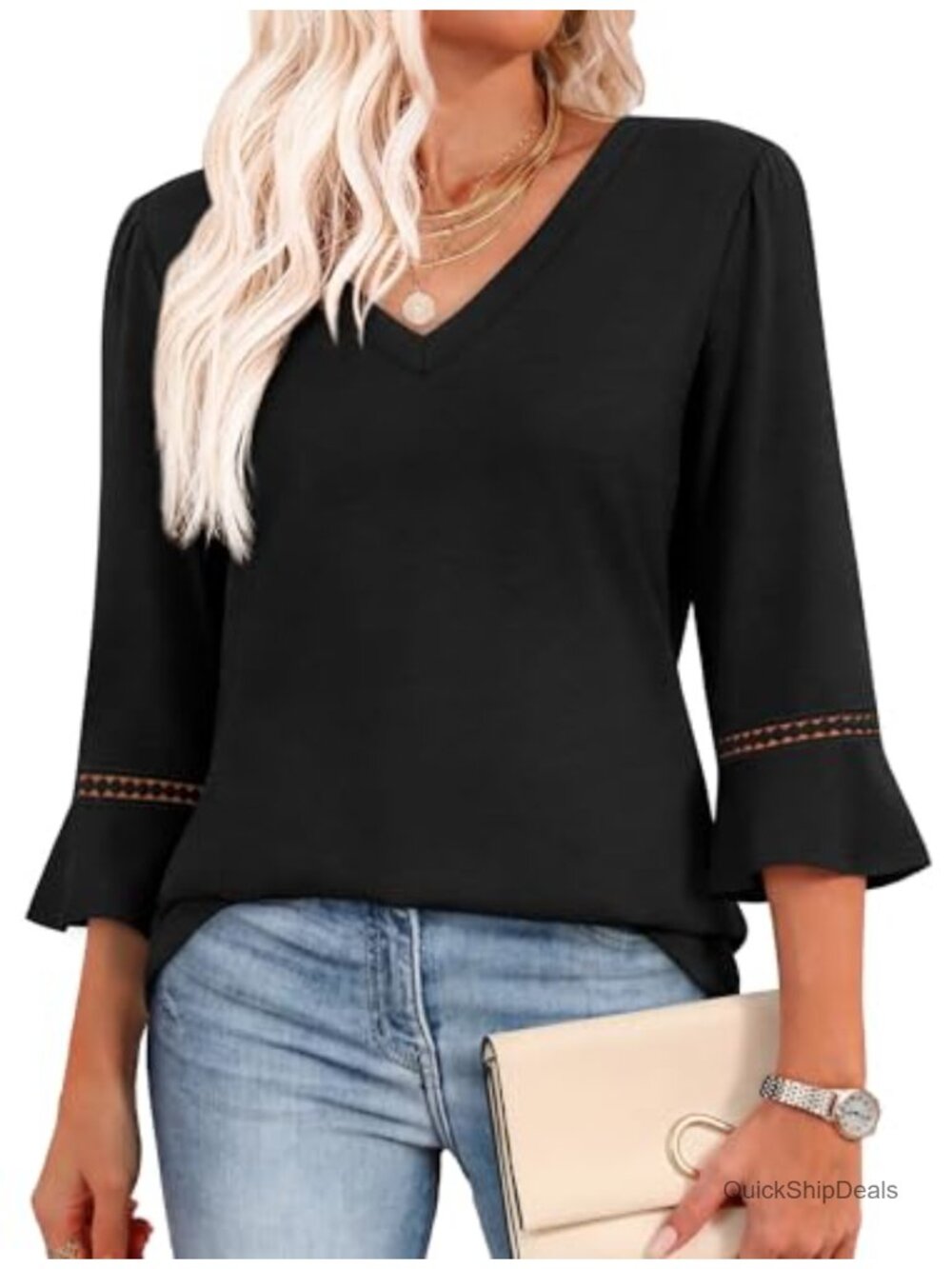 Womens 3/4 Sleeve V Neck Blouse Loose Fit Tunic Business Casual Top